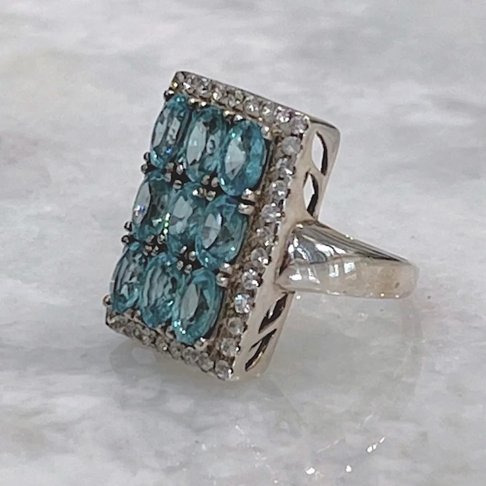 Cambodian Blue Zircon White Zircon Sterling Silver Rectangular Cluster R… - Picture 6 of 14